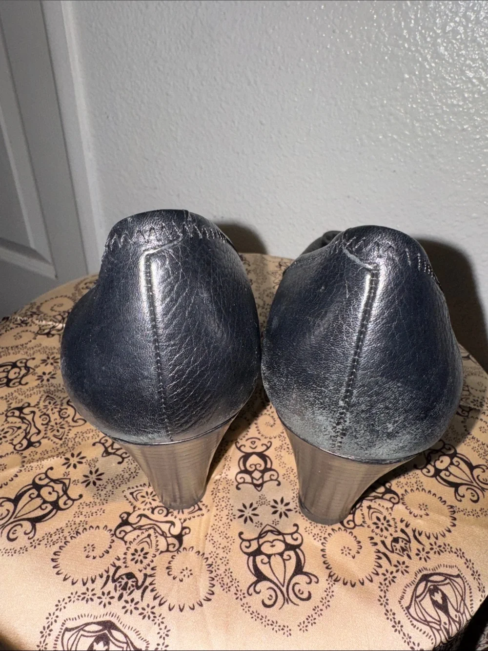 Tory Burch Black Leather Peep-Toe Heels with Logo Emblem